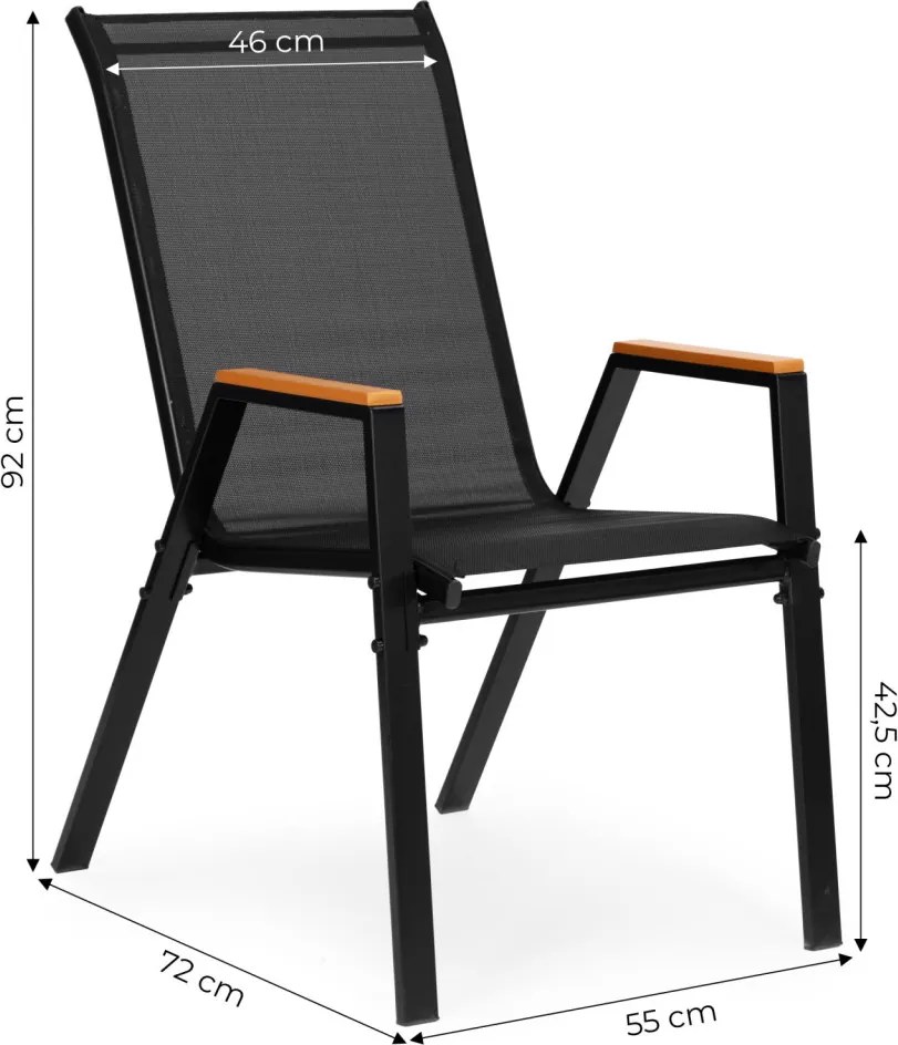 Kerti szék, MultiGarden SC-092W-4-1, fekete, 72 x 55 x 92 cm, acél keret, textil, egymásba rakható, karfás, csúszásgátló lábak, 120 kg teherbírás, 4 db-os szett