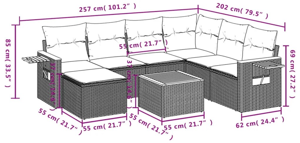 8 részes fekete polyrattan kerti ülőgarnitúra párnákkal