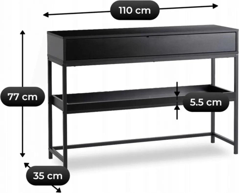 Előszobai konzol polccal fekete színben, 100 cm, RUBY