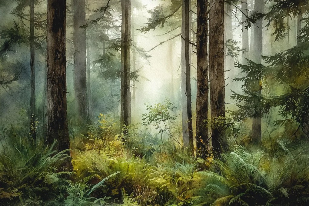 Fotótapéta Flizelina Kilátás Erdő Fenyőfák Bozót Páfrányok 152,5x104 ragasztó