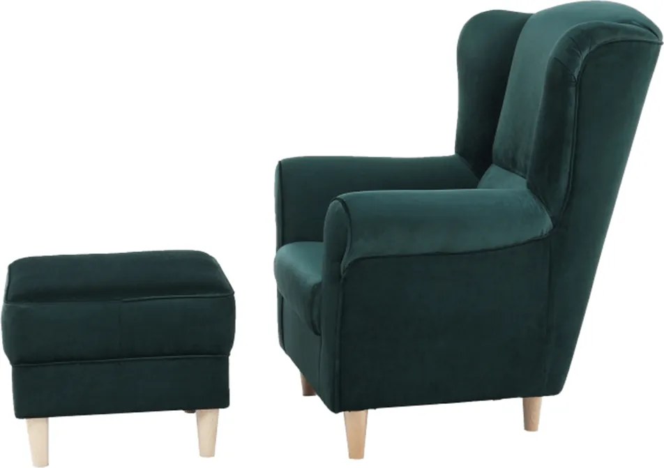 Füles fotel puffal, szövet smaragd, ASTRID