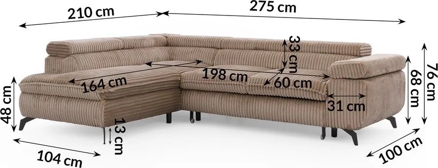 Barna kordbársony sarokkanapé (bal oldali-L alakú) Marbeya – Ropez