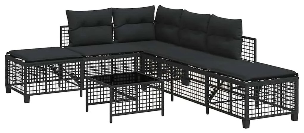 3 részes fekete polyrattan kerti sarokkanapé garnitúra párnával