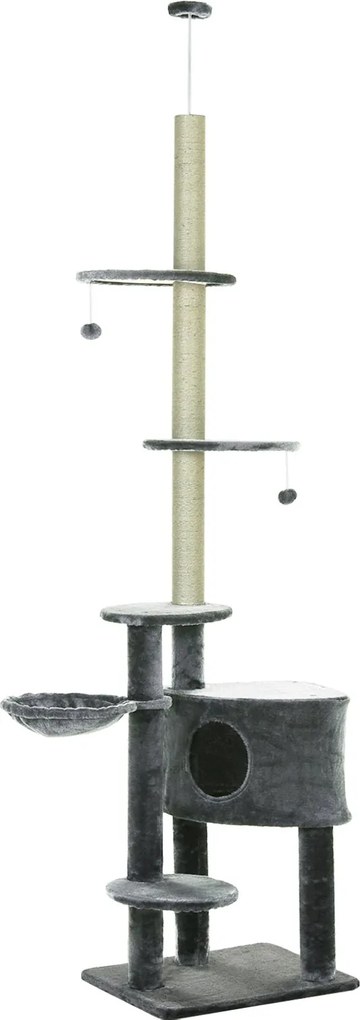 PawHut plafonig érő macska mászóka 220-265 cm magassággal, játékgolyókkal, macskabarlanggal, hamokkal, zsinórpálcákkal, platformokkal, többszintű kapa