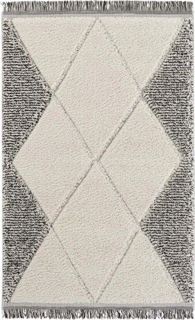 Krémszürke szőnyeg nappaliba,vastag shaggy szőnyeg, boho mintás 80x150 cm