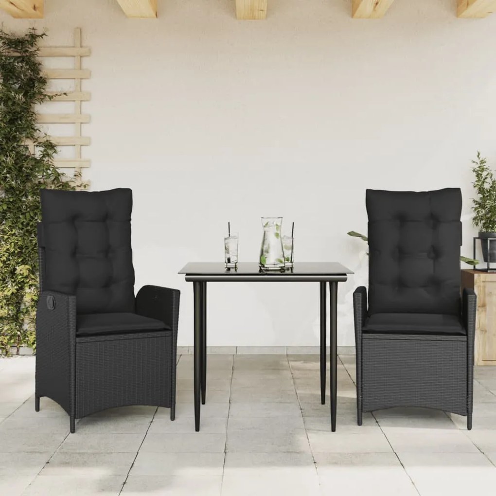 3 részes fekete polyrattan kerti étkezőgarnitúra párnákkal