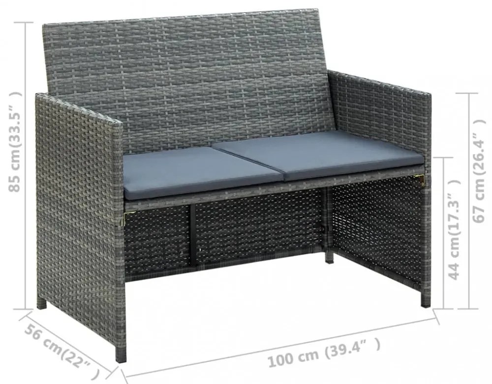 szürke kétszemélyes polyrattan kerti kanapé párnákkal