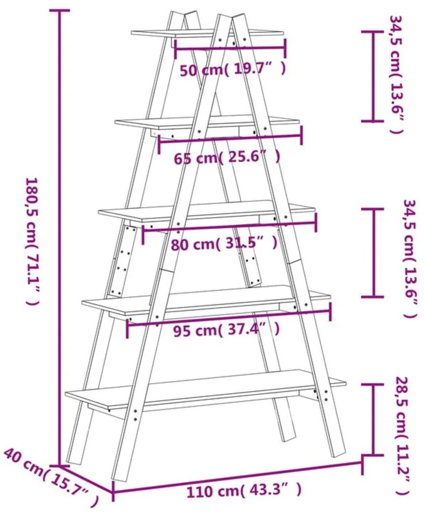 5 szintes A-alakú tömör fenyőfa polc 110 x 40 x 180,5 cm