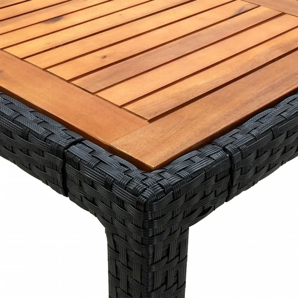 fekete polyrattan és akácfa kerti asztal 190 x 90 x 75 cm