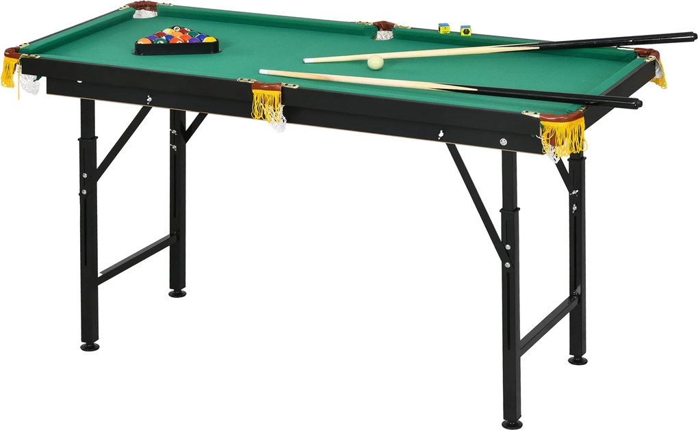 SPORTNOW Összecsukható Pool Asztal 4,6ft 140 x 63 x 55-75 cm Biliárd Tartozékokkal, Háromszög, 2 Ütő, 16 Labda Fiataloknak, Felnőtteknek, Acél, Zöld |