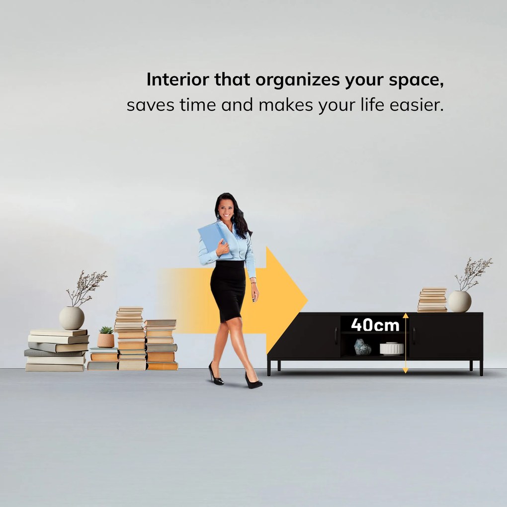 TV-szekrény fém széles XL lábakon fekete, 1700x400x500 mm: ROSARIA