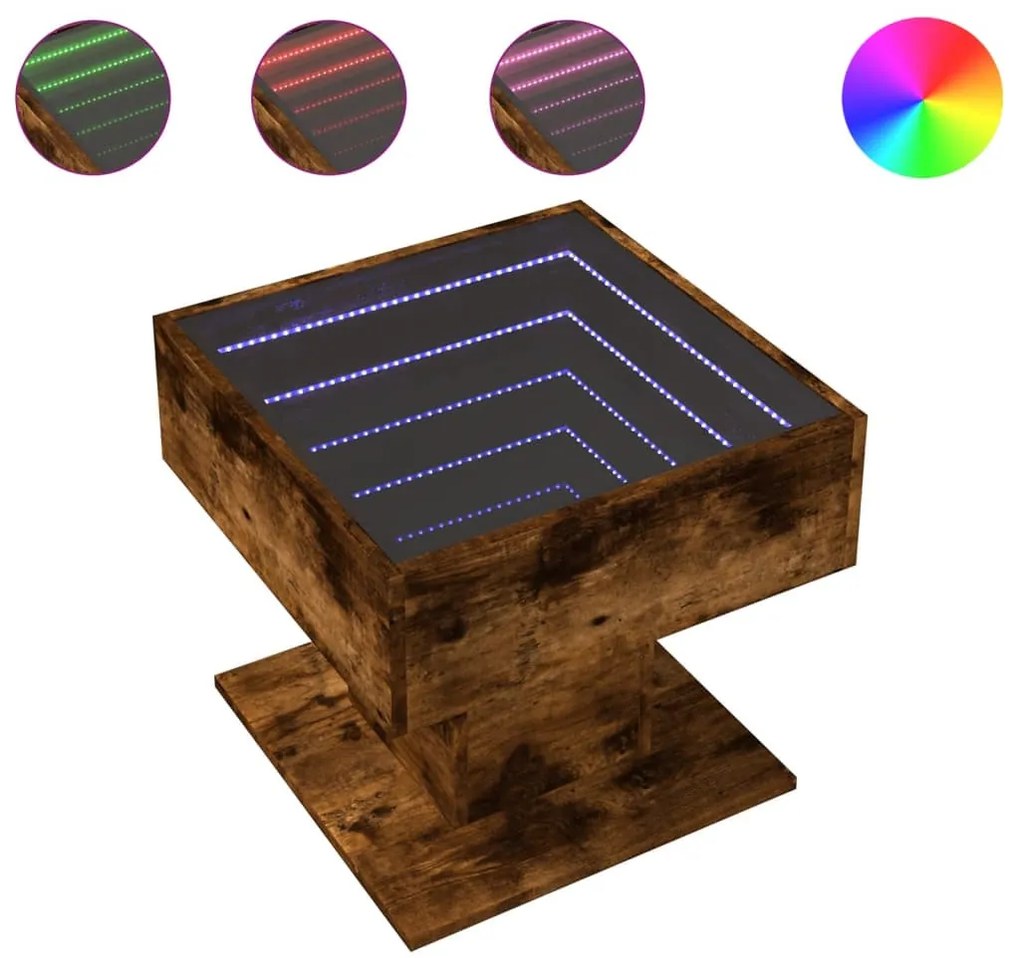 Füstös tölgy szerelt fa dohányzóasztal LED-del 50 x 50 x 45 cm