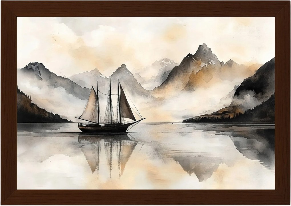 Poszter Keret Fa Ázsia Tájkép Hegyek Tenger Hajó Kína Japandi 60x40