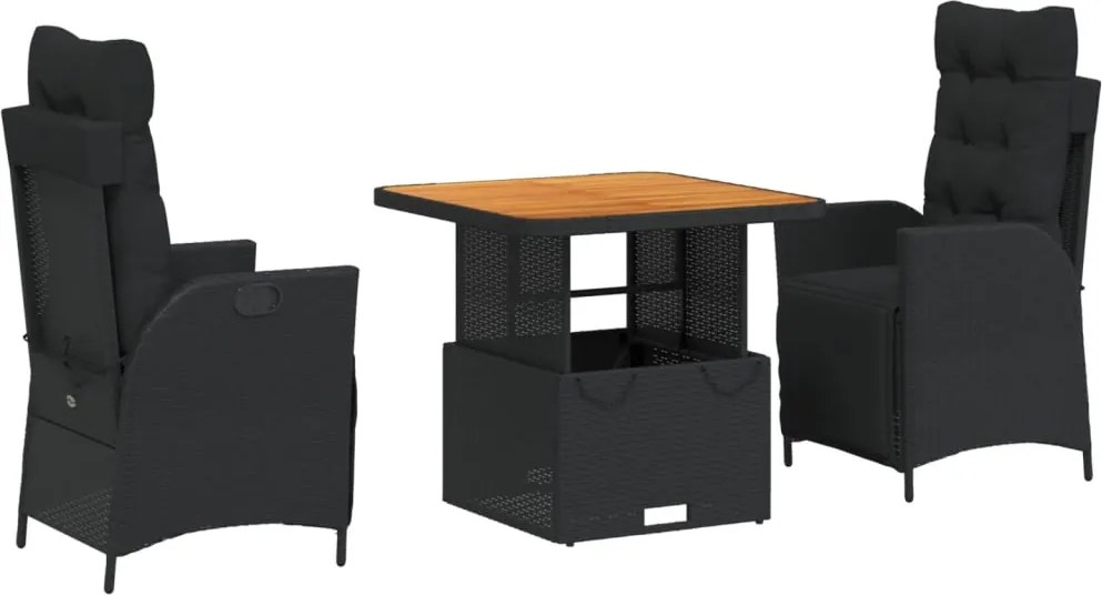 vidaXL 3 részes fekete polyrattan kerti étkezőgarnitúra párnákkal