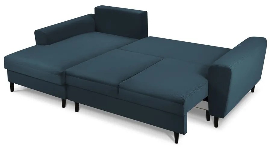 Sötétkék kordbársony kinyitható tárolóhelyes sarokkanapé (bal oldali-heverő résszel) Kyoto – Cosmopolitan Design