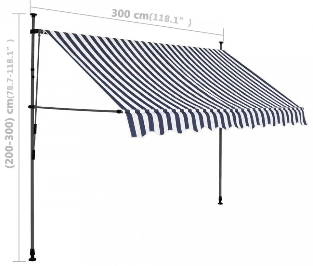 kék és fehér kézzel kihúzható LED-es napellenző 300 cm