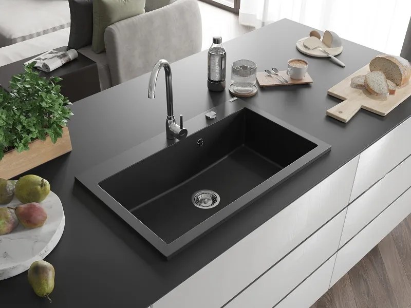Mexen Elix gránit mosogató 1-medencés 800 x 500 mm, fekete, króm szifon - 6527801005-77