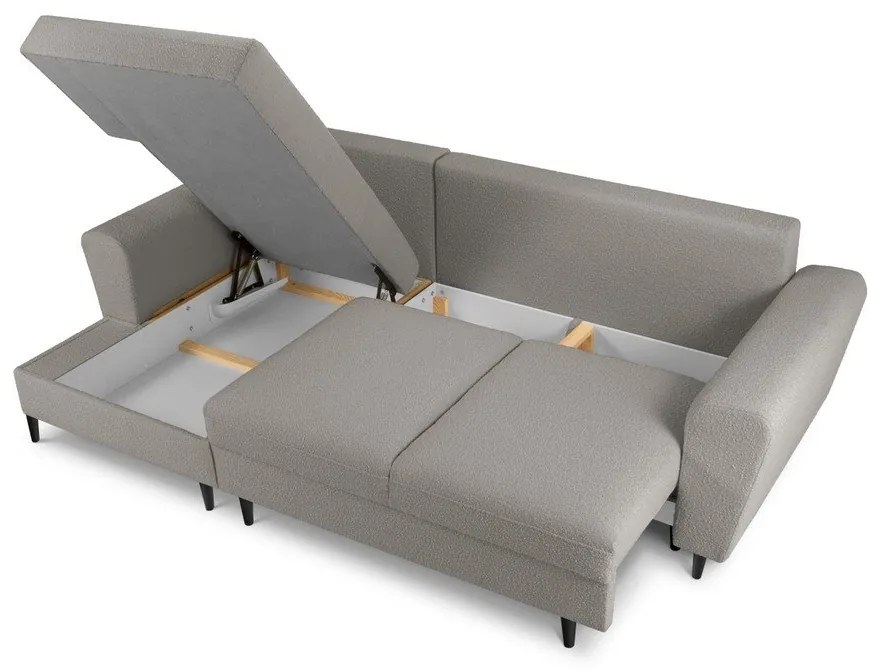 Világosszürke buklé kinyitható tárolóhelyes sarokkanapé (bal oldali-heverő résszel) Kyoto – Cosmopolitan Design