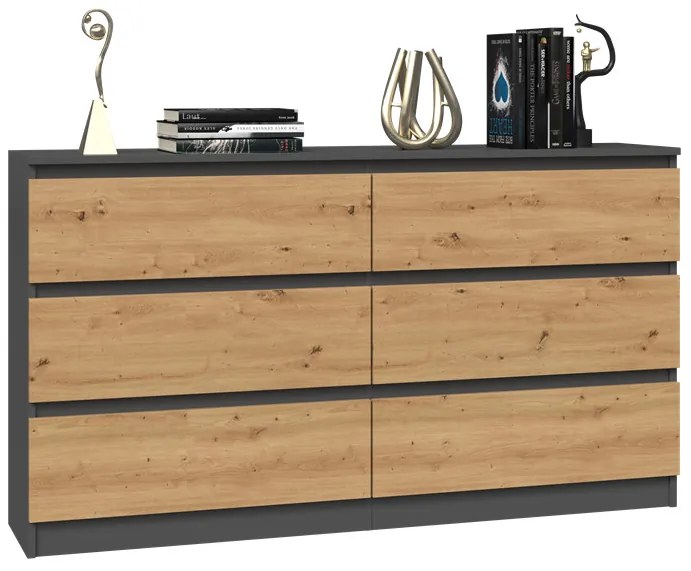 Riano MIX M6 140 2x3 fiókos szekrény, 138x75x40 cm, antracit-tölgy