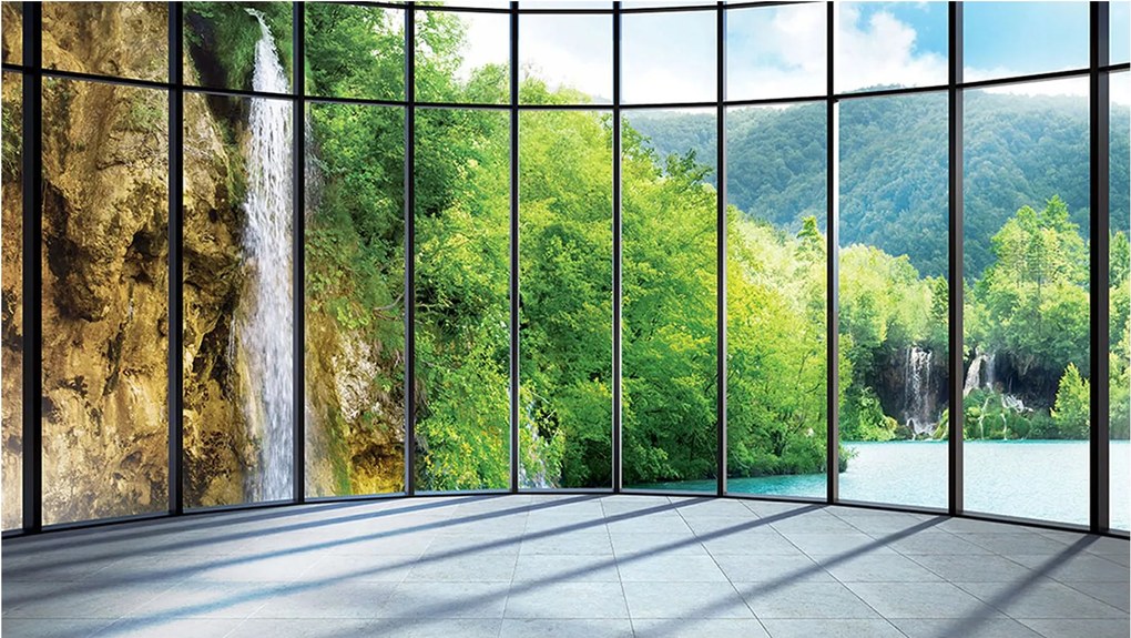 Fotótapéta Vízesés hegyek tó erdő panoráma pihenés 312x219 vinil +ragasztó