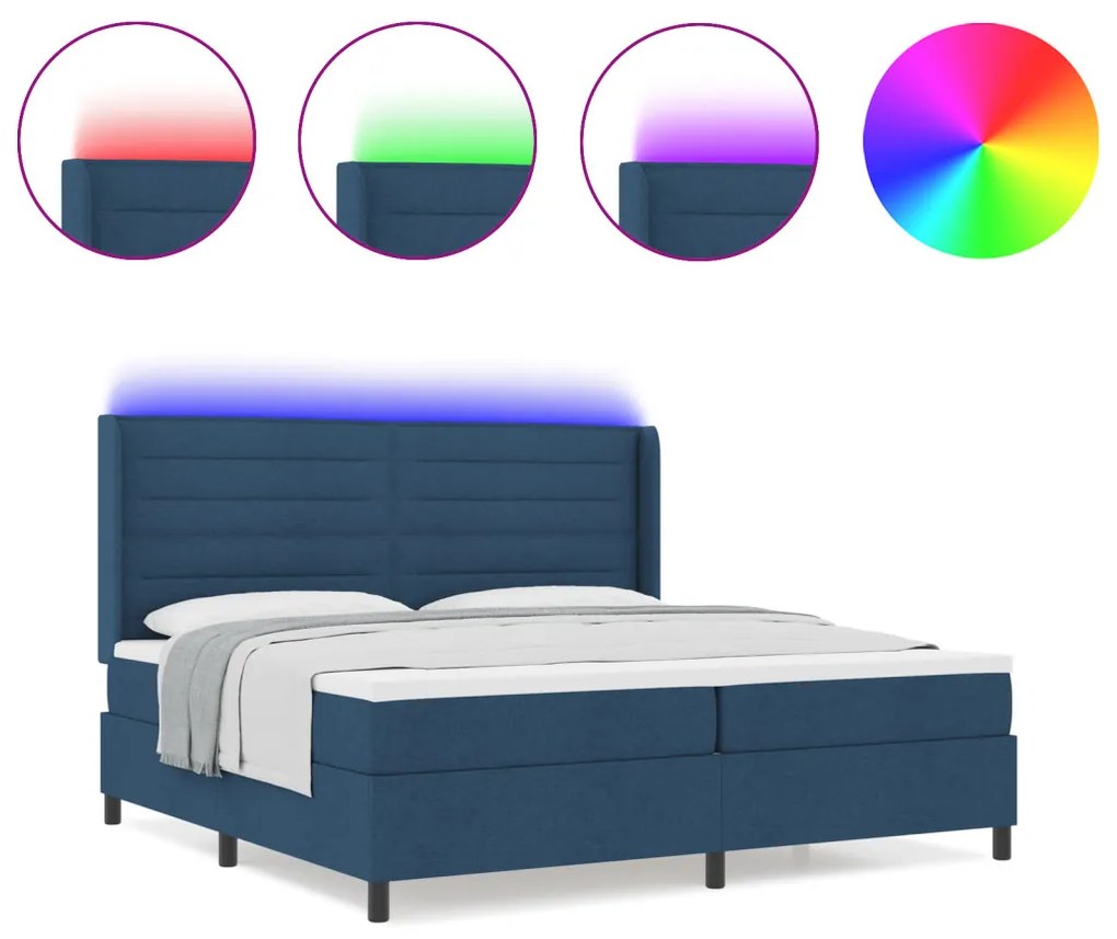 Boxspring Ágy Mattal és LED Kék 200x200 cm Szövet
