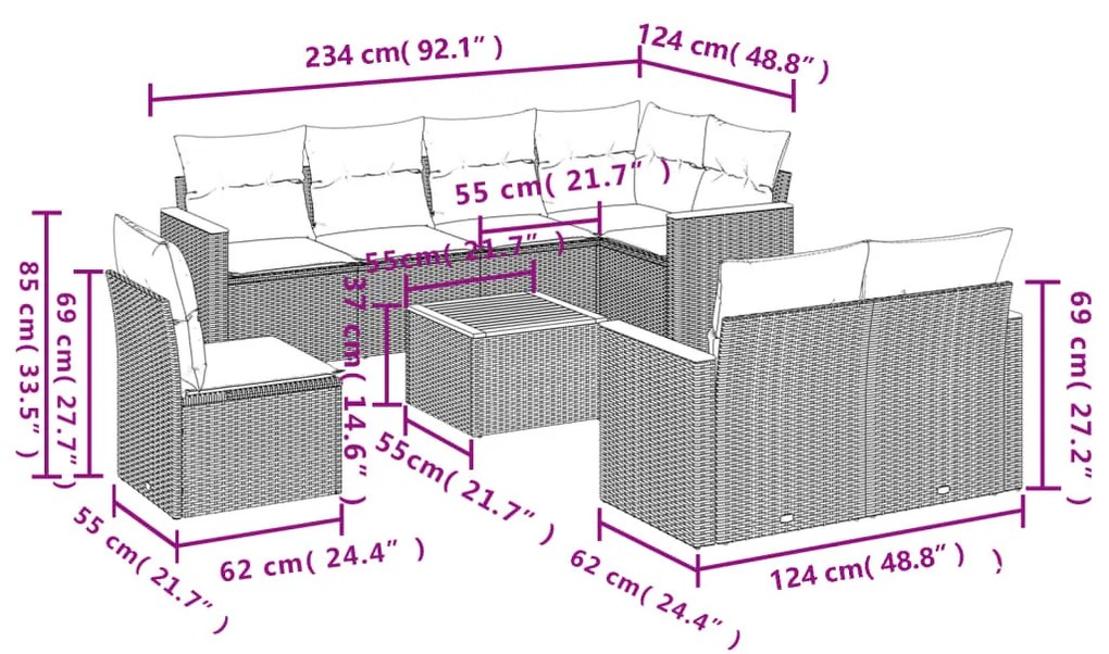 9 részes fekete polyrattan kerti ülőgarnitúra párnákkal