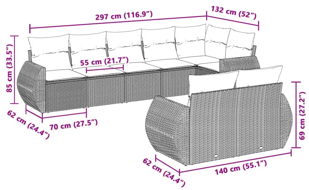 8-részes világosszürke polyrattan kerti ülőgarnitúra párnával