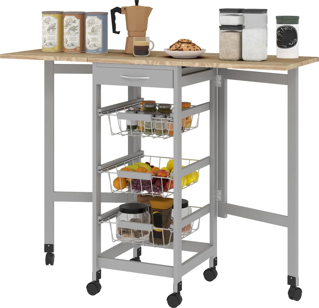 HOMCOM Összecsukható Konyhai Kocsi 6 Kerekekkel, 3 Kosárral, Fiókkal és 2 Lehajtható Oldallappal, MDF és Fém Konyha Trolley, 37x37x77.5 cm, Szürke és
