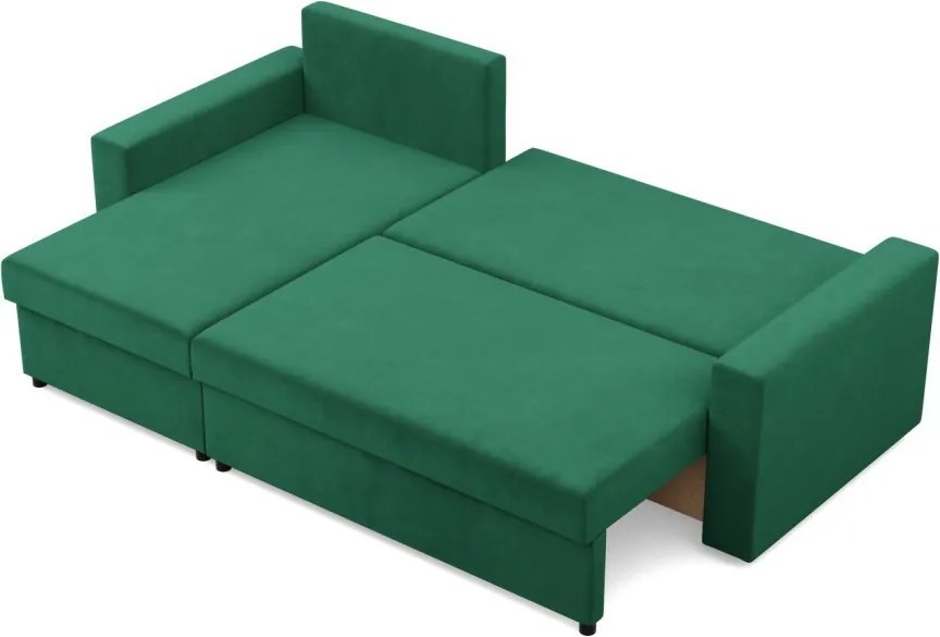 Zeus sarokkanapé, 2 ágyneműtartóval, egyenes kartámasz, bársony, univerzális oldal, bonell töltet, zöld