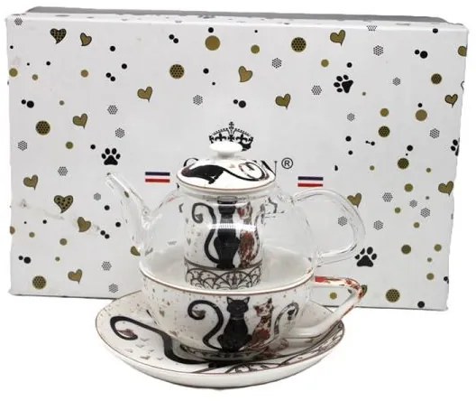 Fekete-arany cicás porcelán teáskészlet - 1 személyes szűrővel