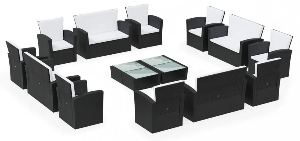 16 részes fekete polyrattan kerti ülőgarnitúra párnákkal