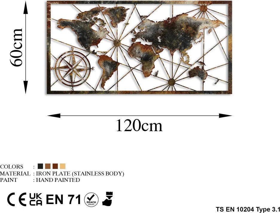 World Map Large - 3 fém világtérkép faldekoráció