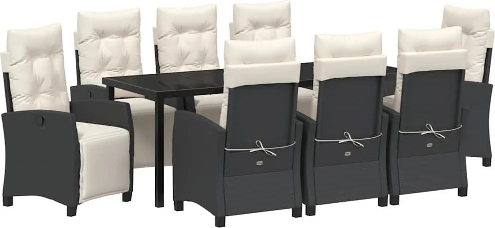 vidaXL Kert étkező szett párnával 9 pcs Fekete polirattan