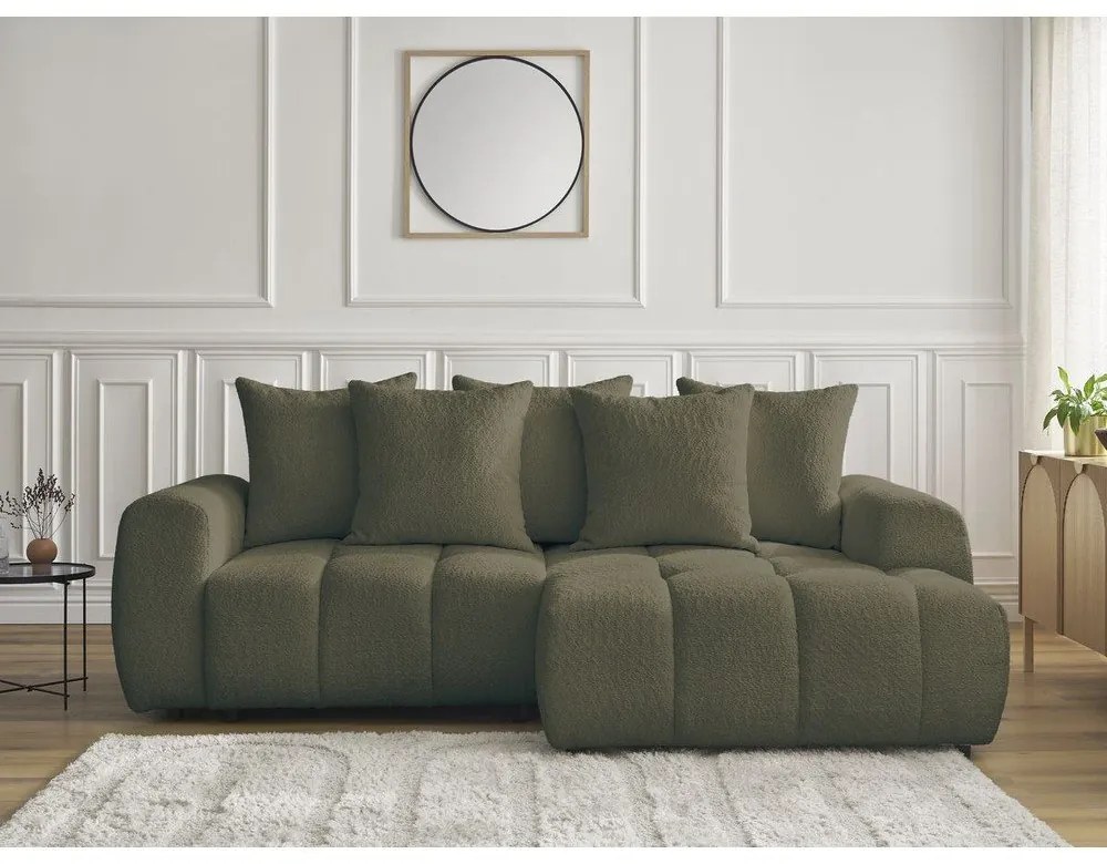 Khaki buklé kinyitható-tárolóhelyes sarokkanapé (jobb oldali-heverő résszel) Roxelane – Bobochic Paris