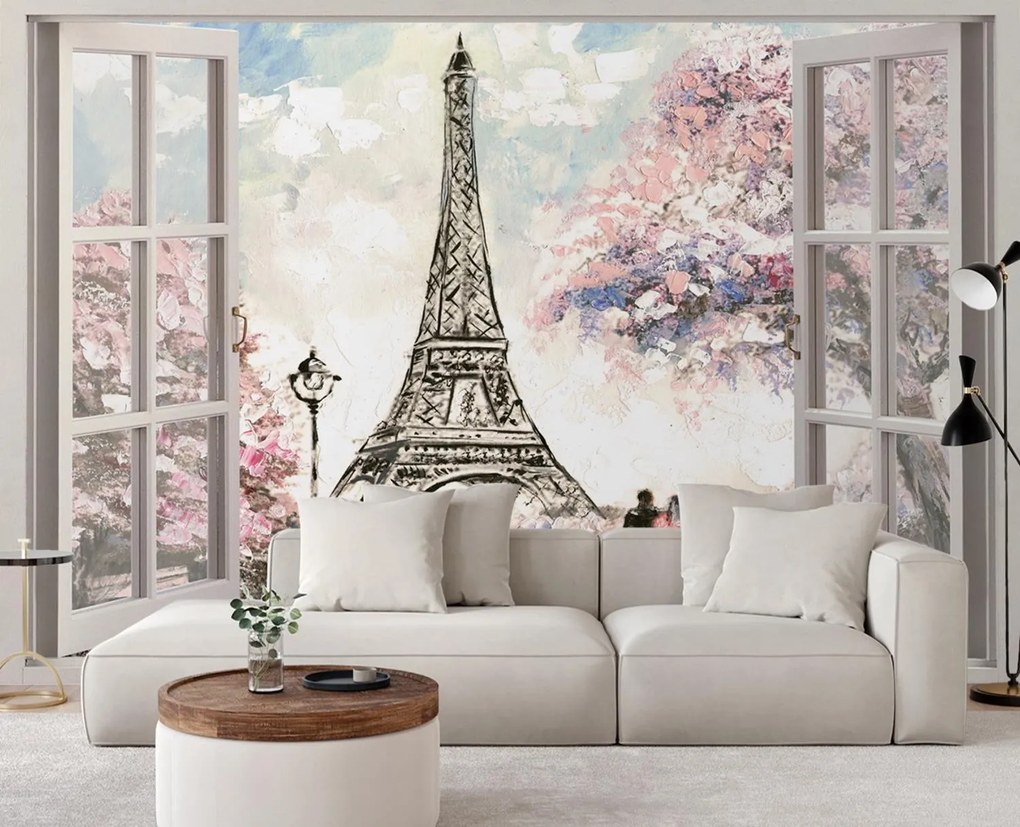 Gario Fotótapéta Ablak az Eiffel-toronyra nézo ablakkal Anyag: Vlies, Méret: 210 x 150 cm