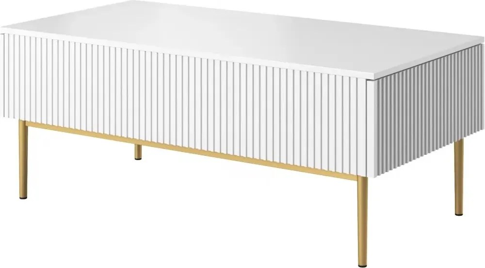 Nicole dohányzóasztal 120 cm fiókokkal és fém lábakkal - matt fehér / arany lábakkal