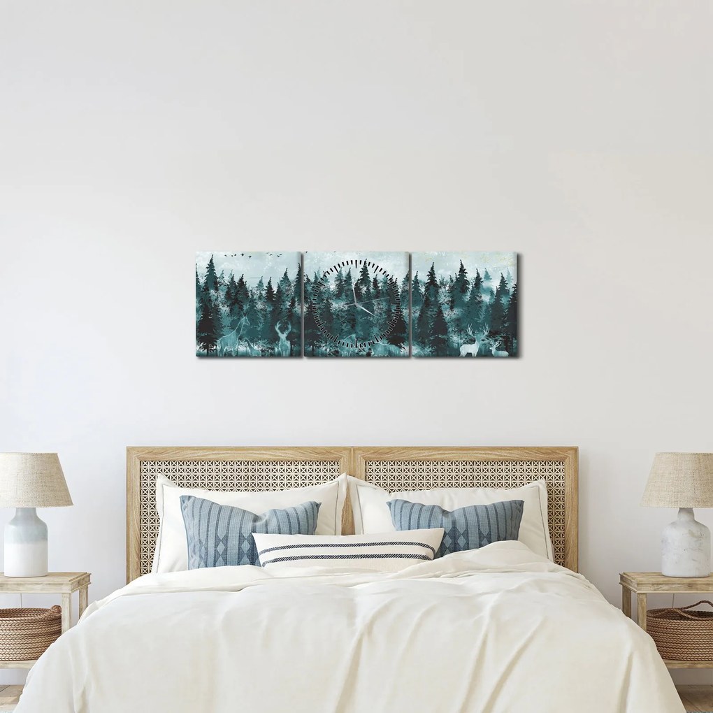 Kép - Állatok az erdőben (órával) (90x30 cm)
