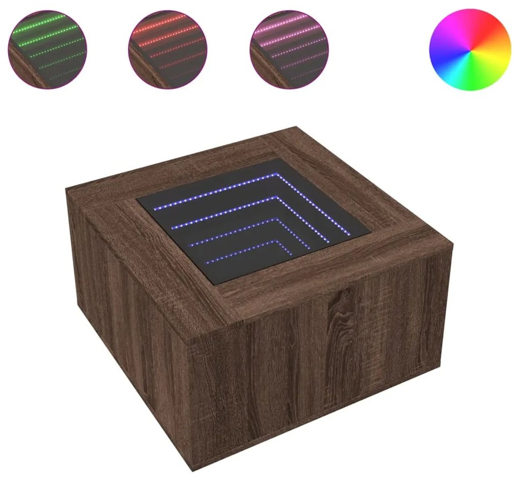 Barna tölgy szerelt fa dohányzóasztal LED-del 60 x 60 x 40 cm