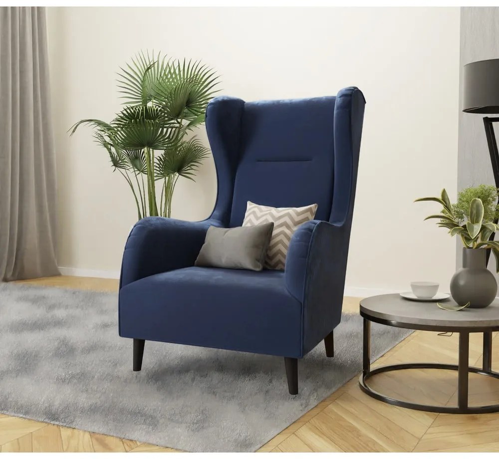 Sötétkék bársony füles fotel Carole – Ropez