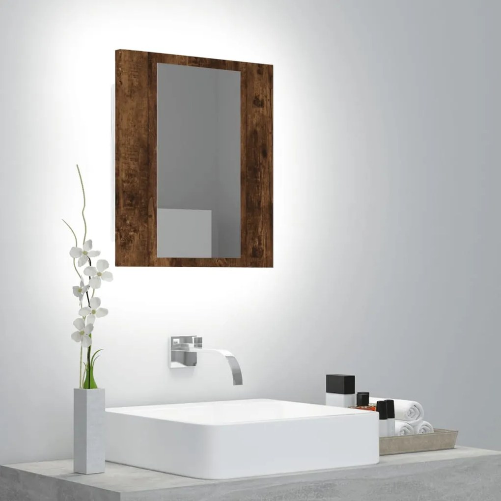 füstöstölgy színű szerelt fa LED-es tükrös szekrény 40x12x45 cm
