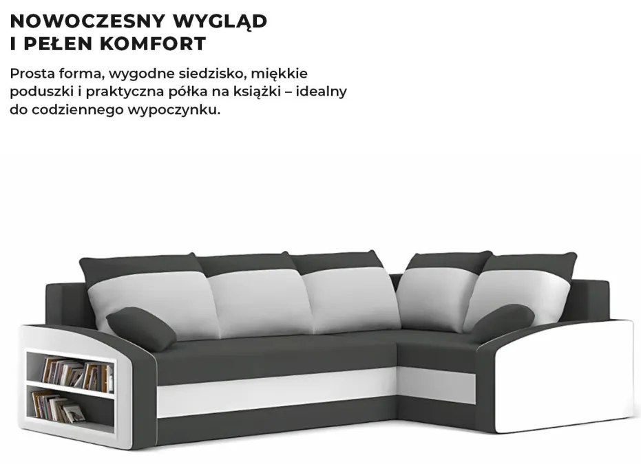 Grande sarokkanapé polcokkal , polc a bal karfaban, jobboldali, szövet anyag, bonell töltet, szürke - fehér