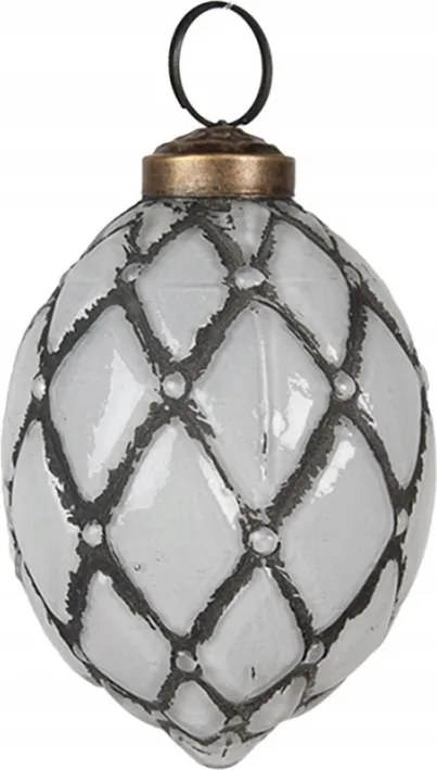 Szürke pöttyös üveg karácsonyi gömb szürke rombuszokkal 6x8 cm