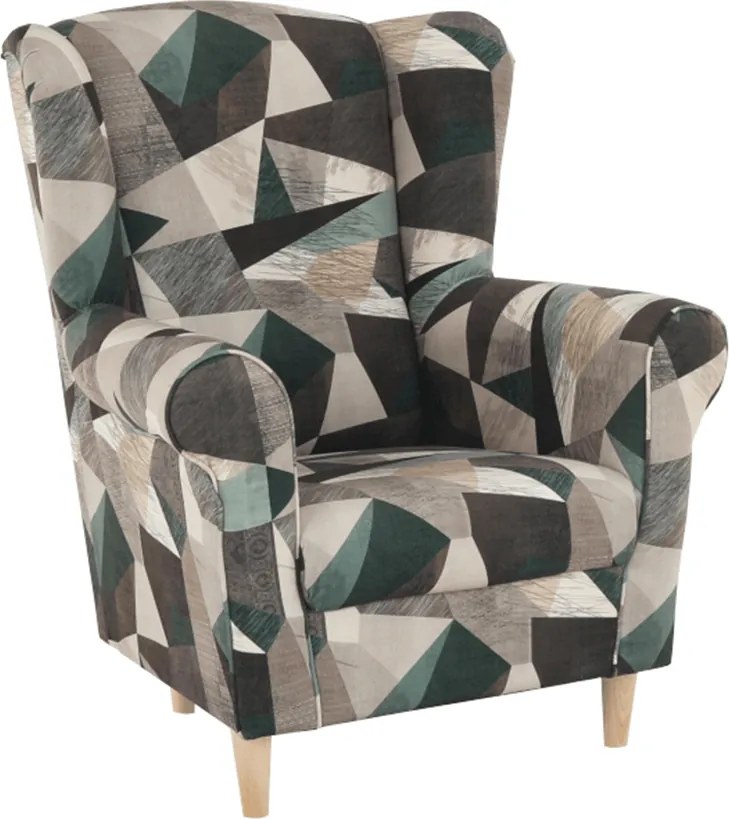 Füles fotel puffal, szövet barna-zöld minta, ASTRID