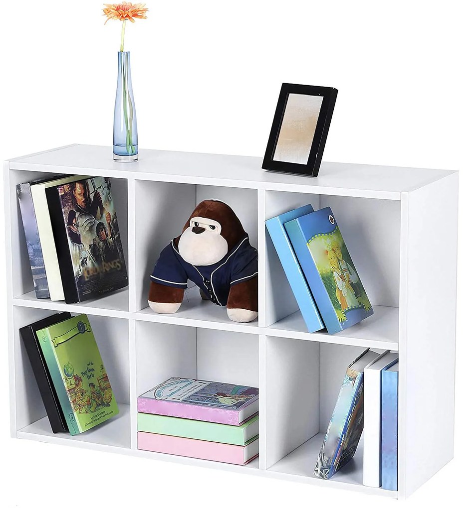 3 szintes könyvespolc, tárolópolc 6 rekesszel, fehér