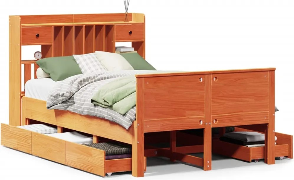 vidaXL barna tömör fenyőfa könyvespolcos ágy matrac nélkül 135 x 190cm