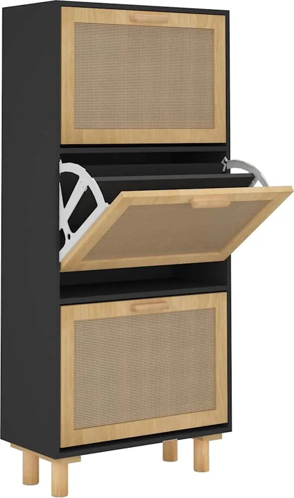 vidaXL fekete szerelt fa és természetes rattan cipőszekrény 52x25x80cm