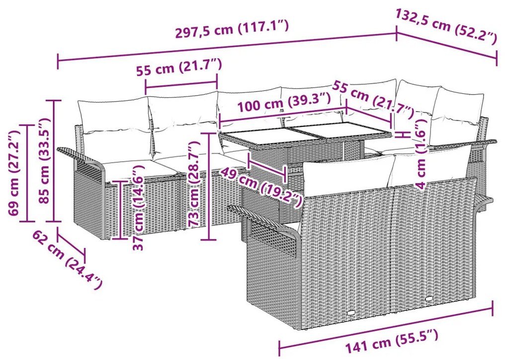 9 részes Kert Kanapé Szett Párnákkal Világosszürke Poly Rattan, 2-személyes Kert Kanapé Tárolóval és Párnákkal Világosszürke Poly Rattan