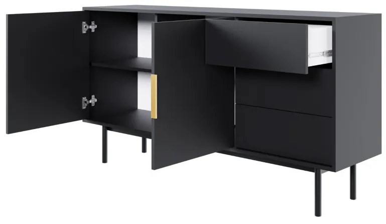 Comodă VIVA VI02 cu 2 uși și 3 sertare, 154 cm – negru / negru lucios / mânere aurii