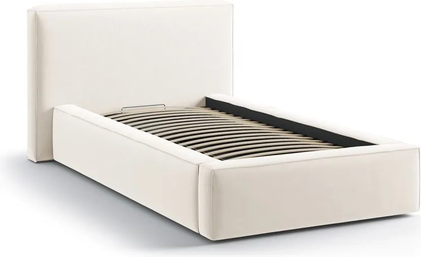 Krémszínű kárpitozott ágyneműtartós egyszemélyes ágy ágyráccsal 90x200 cm Jodie – Micadoni