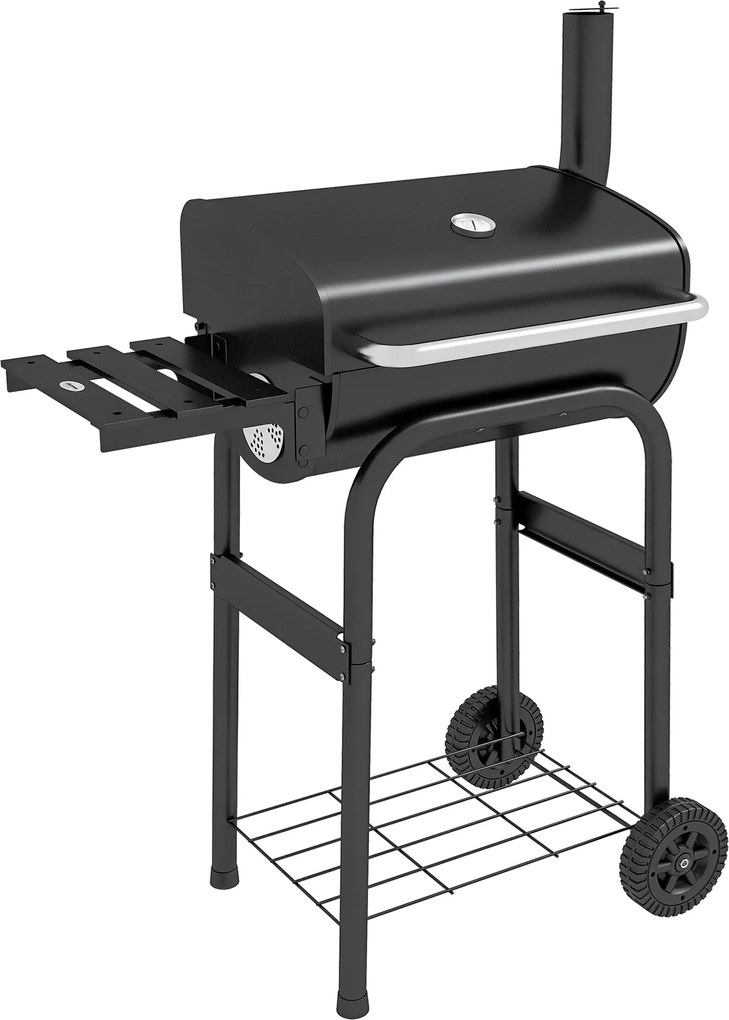 Outsunny Fekete Széngrill Kocsi Tetővel, Polcokkal, Kerekes Grill, Thermométerrel, Kéménnyel a Kertbe és Kempingezéshez | Aosom